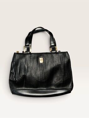 Structured Black Shoulder Tote with Vertical Ribbing